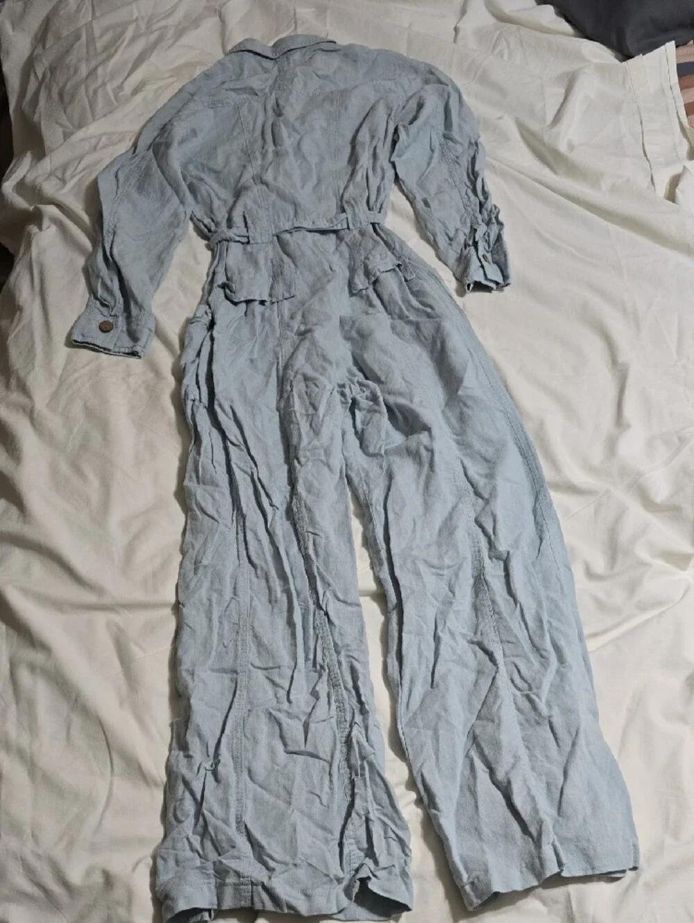 Zara Light Blue Button-Front Linen Utility Jumpsuit